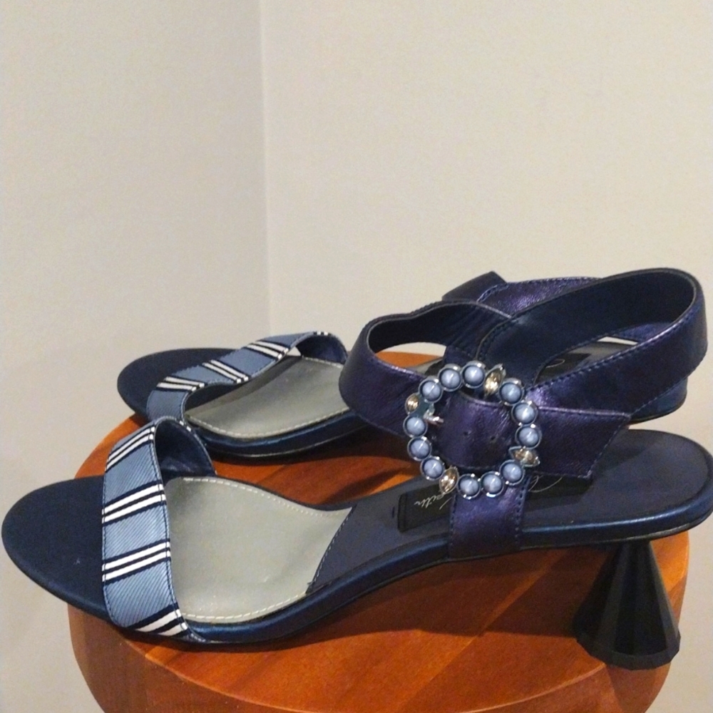 Vintage Blue Striped Heels Size 8- 8.5 EUR 39 EUC Unique Heel Sandals - Picture 6 of 11